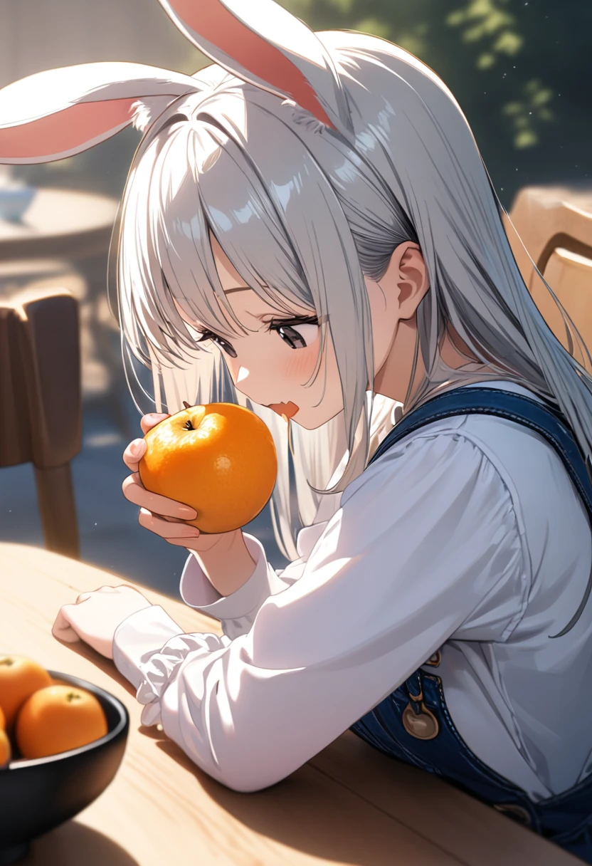 (8k, masterpiece, best quality, ultra-detailed, an extremely delicate and beautiful, official style, depth of field, highly detailed, very aesthetic, intricate, overall detail, perfect anatomy), looking atfoods, looking down, upper body, sit, eating, table, chair, fruit on table, dish, BREAK 1girl, solo, gray hair, long hair, (black eyes, spakling eyes, + +), rabbit girl, droopy ears, (white dress, frill, long sleeves:1.2), faint lips, happy, open mouth, skin fangs, drooling