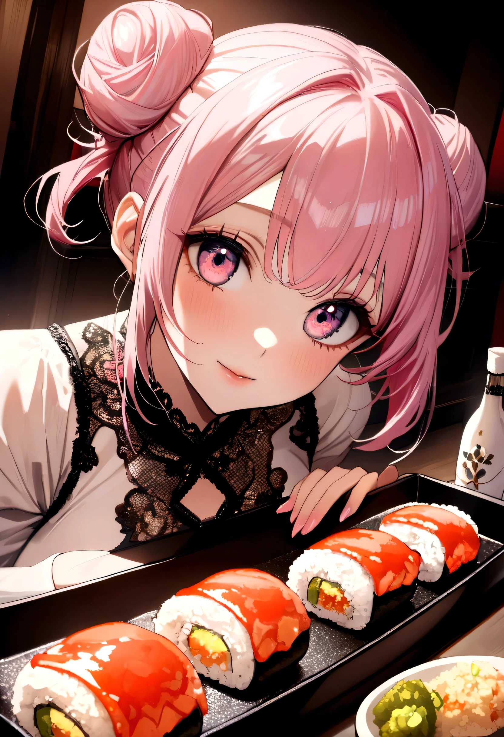 (((Luxurious golden most expensive sushi with rice and sauce))), Fried rice with shrimp, wine, photograph,((masterpiece))、(((Highest quality)))、((Super detailed))、 {Detailed and beautiful eyes}, finely,  Detailed and beautiful eyes,1 Girl, (alone:1.5),  (Hair Ribbon:0.4), Pink Eyes,Cinematic Angles,perspective,(((White bun hair))),(((Long pink hair))),