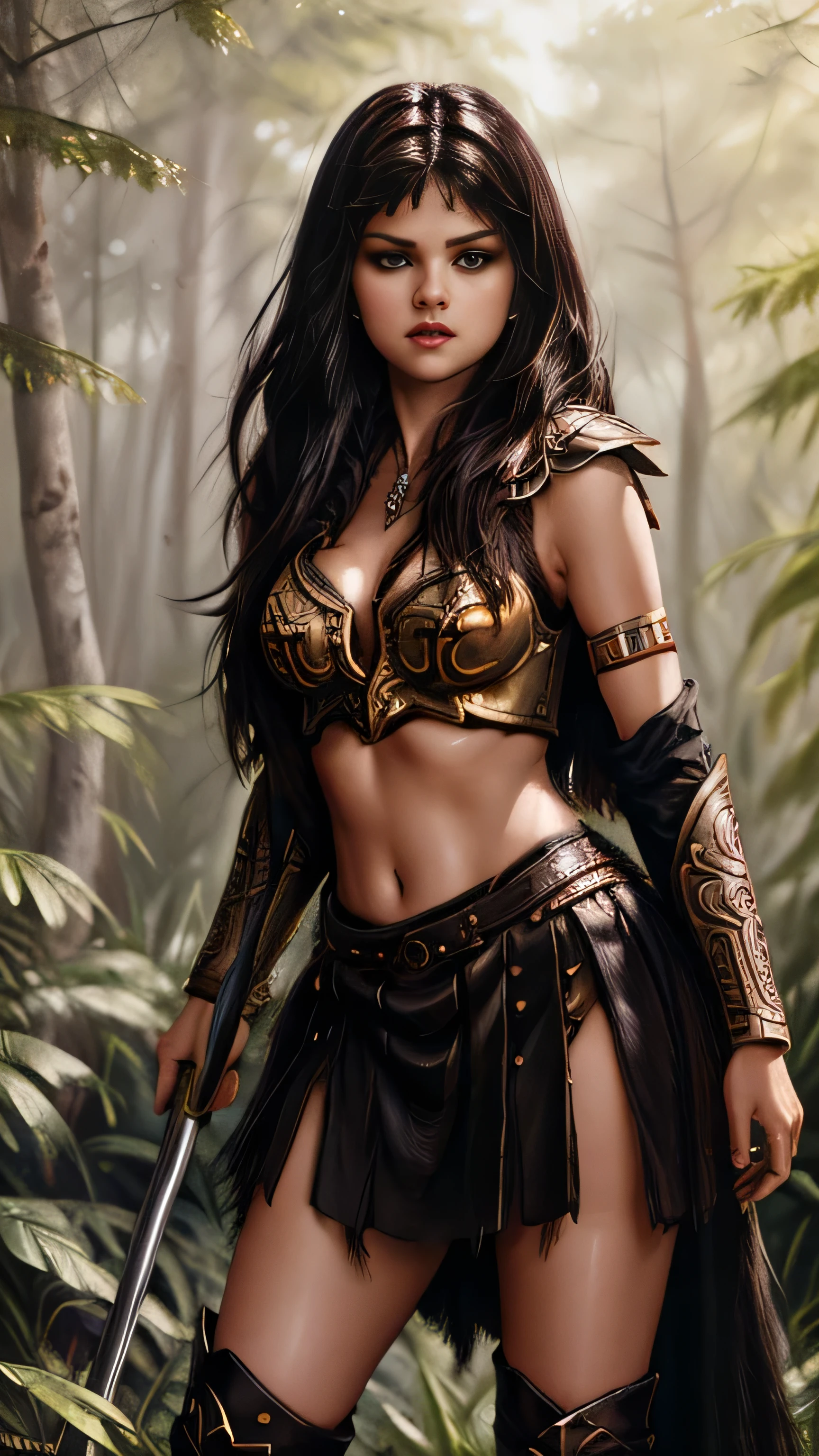 (Selena Gomez) as Xena, princesa guerrera, pelo largo negro, Golpes, Armadura marrón oscuro, patrones dorados, diafragma, ombligo, botas altas hasta la rodilla con tacones, personal, de pie, en el bosque, 1 mujer, solo, vista de cuerpo completo, vista frontal, mirando al espectador, Intrincado, Alto detalle, enfoque nítido, dramático, pintura fotorrealista de greg rutkowski