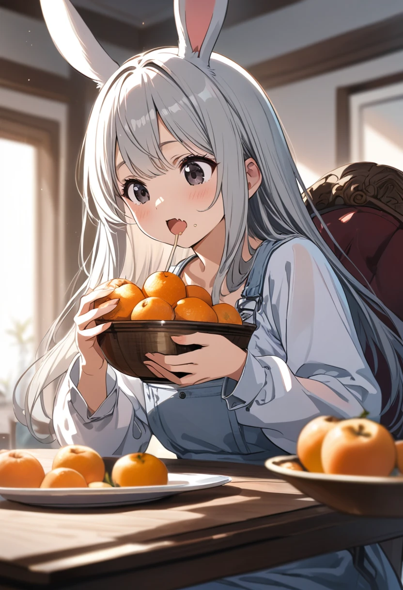 (8k, masterpiece, best quality, ultra-detailed, an extremely delicate and beautiful, official style, depth of field, highly detailed, very aesthetic, intricate, overall detail, perfect anatomy), looking atfoods, looking down, upper body, sit, eating, table, chair, fruit on table, fruit bowl, BREAK 1girl, solo, gray hair, long hair, black eyes, (spakling eyes, + +:1.2), rabbit girl, droopy rabbit ears, (white dress, frill, long sleeves:1.2), faint lips, happy, open mouth, skin fangs, drooling