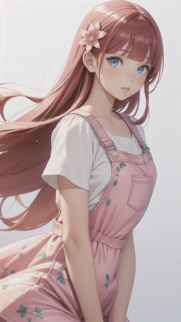 girl wearing a Pink sundress, tight, simple anime style Woman. Flower drawing on sequin overalls. Glossy white lips with sequins. Blunt bangs, red hair, long hair, blue eyes, solo,