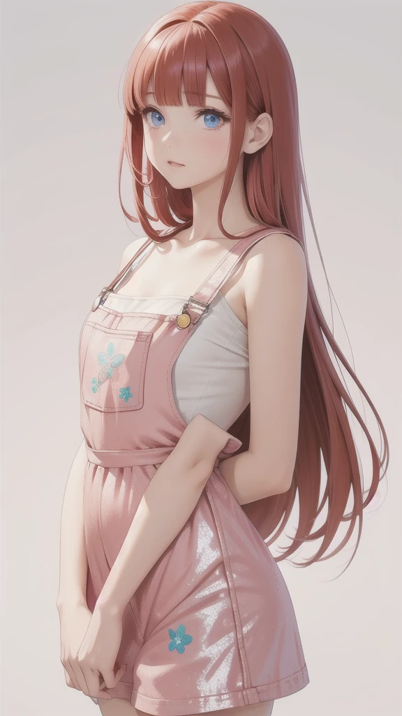 girl wearing a Pink sundress, tight, simple anime style Woman. Flower drawing on sequin overalls. Glossy white lips with sequins. Blunt bangs, red hair, long hair, blue eyes, solo,