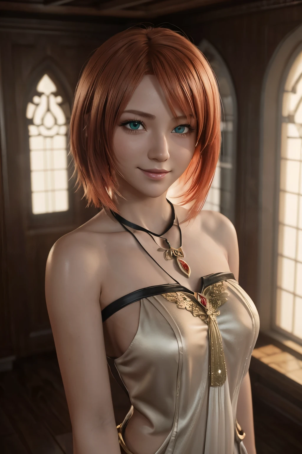 Во дворе храма. short, Red hair, green eyes, smile, girl 15 years old, очки в металлической оправе. ((Elegance. Gradient. Photorealism. Unreal engine. 3D model. Ultra high quality textures. High detail. Resolution 8K))