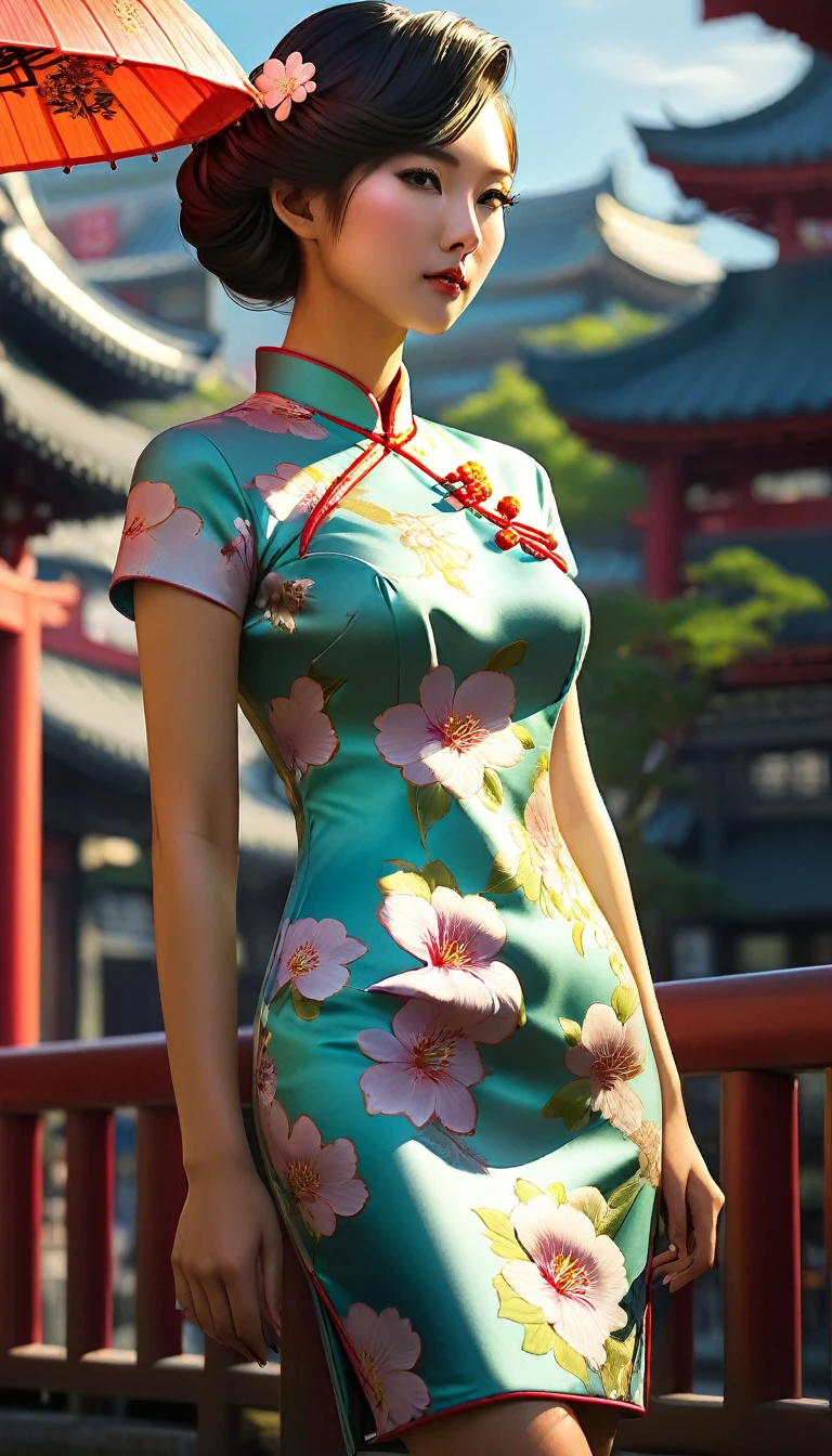 High Resolution, High Quality , Masterpiece. Harajuku fashion model donning a cheongsam dress, full-body shot captured, hyperrealistic digital painting reminiscent of Samuel Silva's work, sunlight caressing a meticulously composed face, emphasis on facial intricacies, fabric captured in dynamic motion, rim lighting enhancing silhouette, ambient mysticism, magical elements subtly infused, set against a complex backdrop rich in shadow play, palette dominated by cool hues, precise anatomy, detailed shadows. 16к photo  illustration.