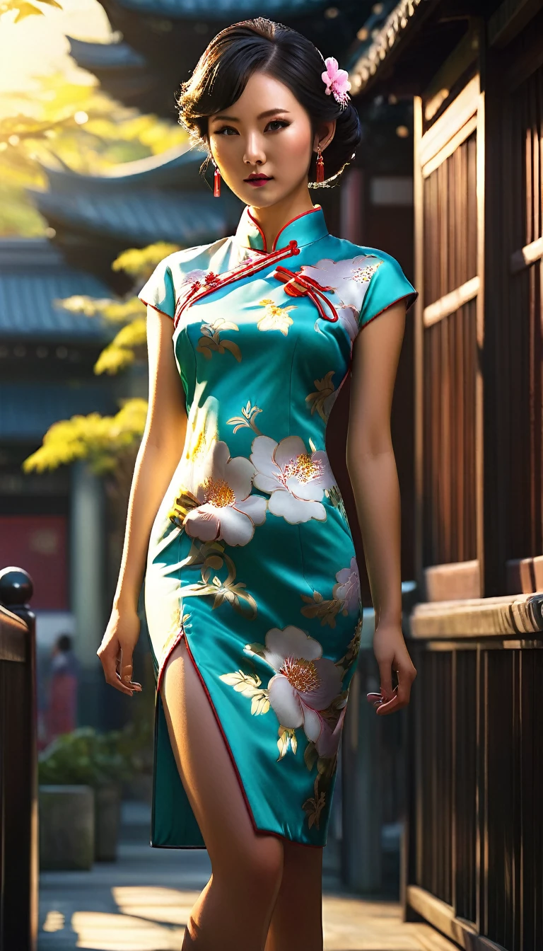 High Resolution, High Quality , Masterpiece. Harajuku fashion model donning a cheongsam dress, full-body shot captured, hyperrealistic digital painting reminiscent of Samuel Silva's work, sunlight caressing a meticulously composed face, emphasis on facial intricacies, fabric captured in dynamic motion, rim lighting enhancing silhouette, ambient mysticism, magical elements subtly infused, set against a complex backdrop rich in shadow play, palette dominated by cool hues, precise anatomy, detailed shadows. 16к photo  illustration.