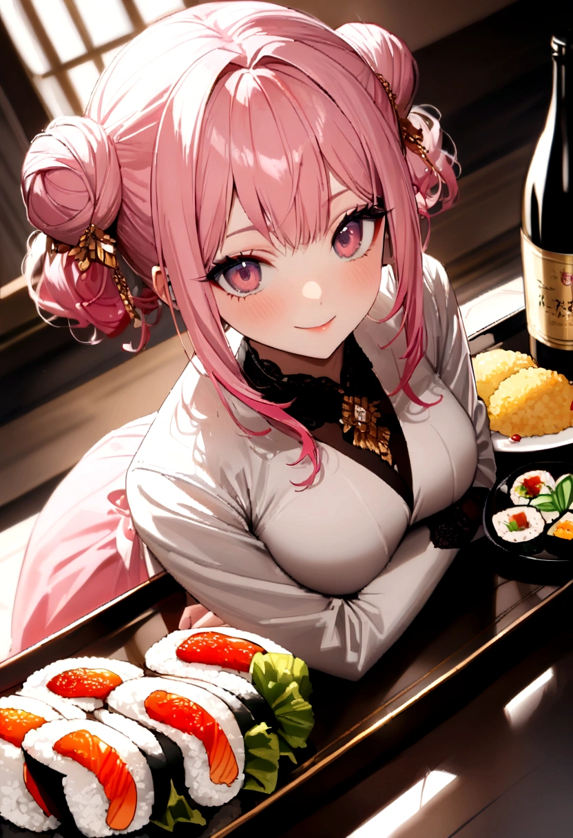 (((Luxurious golden most expensive sushi with rice and sauce))), Fried rice with shrimp, wine, photograph,((masterpiece))、(((Highest quality)))、((Super detailed))、 {Detailed and beautiful eyes}, finely,  Detailed and beautiful eyes,1 Girl, (alone:1.5),  (Hair Ribbon:0.4), Pink Eyes,Cinematic Angles,perspective,(((White bun hair))),(((Long pink hair))),smile、