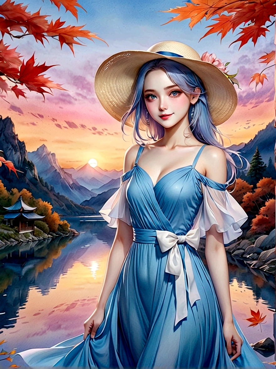 ((masterpiece, best quality))，(Very detailed)，(watercolor:1.2), 1 cute girl，straw hat，flowering，Light blue hair，Very long hair，Water blue eyes，flat chest，shut your mouth，Smile，(A blue dress:1.3)，Bare shoulders，bow tie，Side Angle，Autumn scenery，Leaving is，maple，dusk，River bank，reflection on the lake，The sky is full of colors，Orange-red sunset，The afterglow diverges，Mountain，远Mountain，contour， (Vibrant colors，Warm light source:1.2), (forest，Bare branches:1.2，(Very detailed CG unity，8k wallpaper)，(Implications：1.0)，Intricate details，Epic Works，Realistic lighting，High-resolution details，(Beautiful wildlife and natural wonders，Lights shine)，(((Anatomically correct, precise, High Detail, best quality)))，Dark theme elements, Pencil Sketch