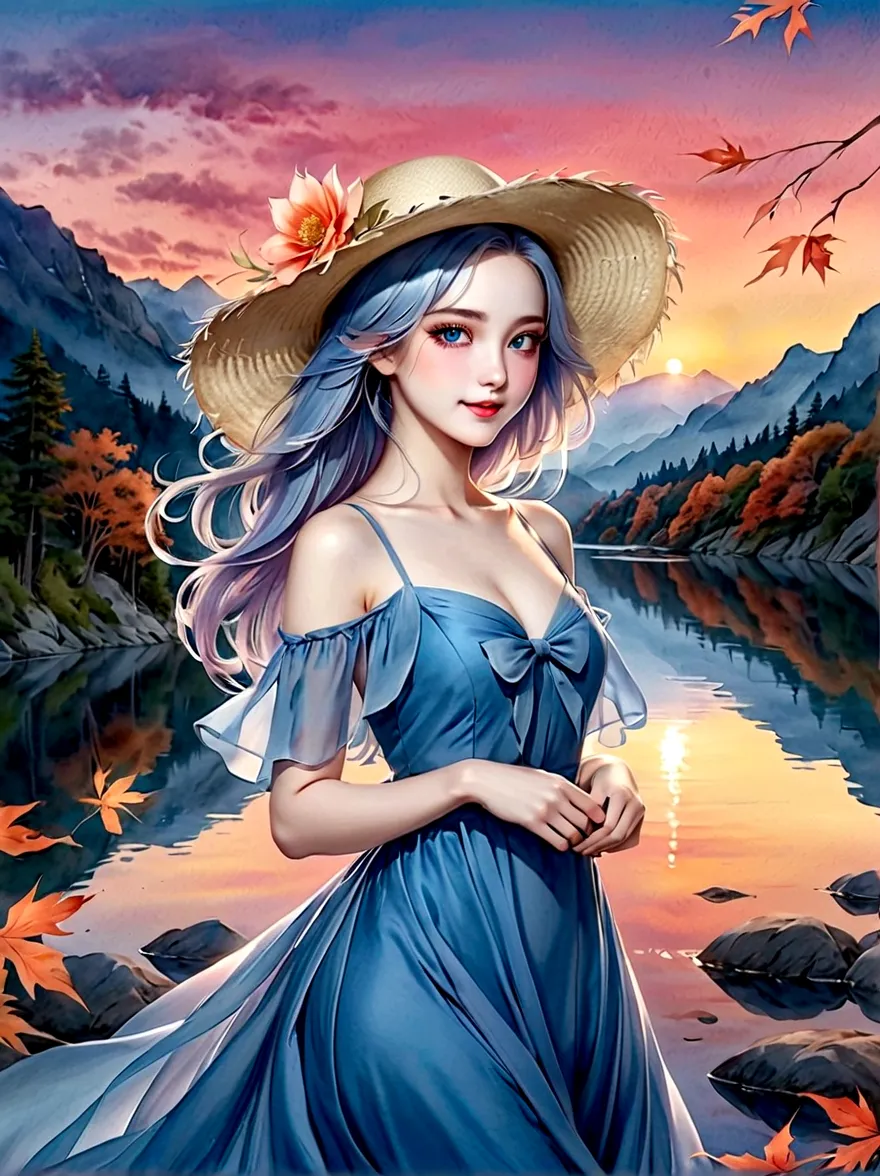 ((masterpiece, best quality))，(Very detailed)，(watercolor:1.2), 1 cute girl，straw hat，flowering，Light blue hair，Very long hair，W...