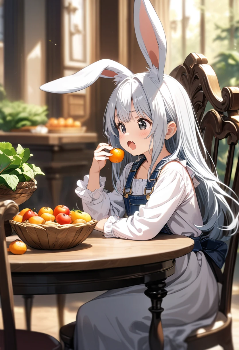 (8k, masterpiece, best quality, ultra-detailed, an extremely delicate and beautiful, official style, depth of field, highly detailed, very aesthetic, intricate, overall detail, perfect anatomy), looking at foods, looking down, upper body, sit, eating, table, chair, fruit on table, fruit bowl, vegetables, BREAK 1girl, solo, gray hair, long hair, black eyes, (spakling eyes, + +:1.2), rabbit girl, (droopy ears:1.2), (white dress, frill, long sleeves:1.2), faint lips, happy, open mouth, skin fangs, drooling