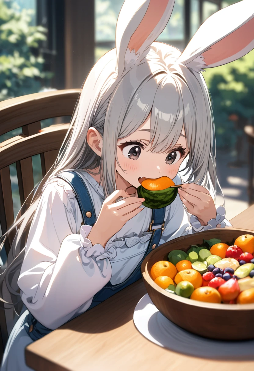 (8k, masterpiece, best quality, ultra-detailed, an extremely delicate and beautiful, official style, depth of field, highly detailed, very aesthetic, intricate, overall detail, perfect anatomy), looking at foods, looking down, upper body, sit, eating, table, chair, fruit on table, fruit bowl, vegetables, BREAK 1girl, solo, gray hair, long hair, black eyes, (spakling eyes, + +:1.2), rabbit girl, (droopy ears:1.2), (white dress, frill, long sleeves:1.2), faint lips, happy, open mouth, skin fangs, drooling