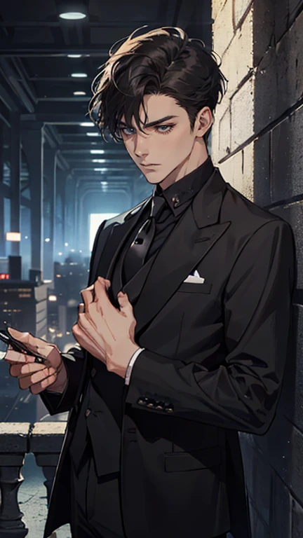 ((One young man with a black suit and tie)), alejandro, (((one side swept dark short neat hair))), ( green eyes and thick eyebrows), ((20 years old)), ((masterpiece)), ((cinematic lighting)), relax look and smirk, waiting for someone