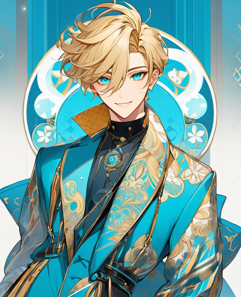  (Blonde_hair), (Cyan_vibrant_eyes), (detailed_eyes), (warm_smile), (attractive), (background_lounge), (male), (detailed_Hair), (detailed), wears a 19's type of fashion clothes