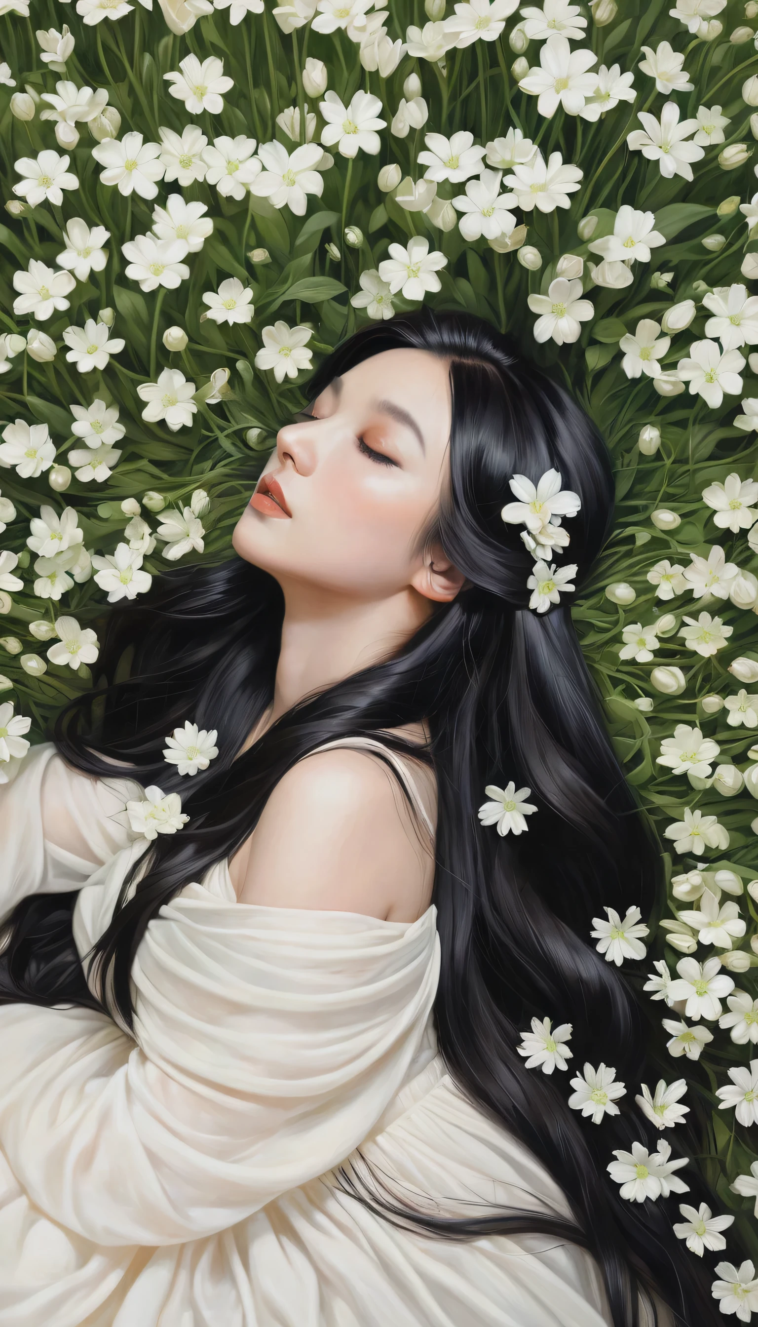 (oil painting:1.5), a woman with long black hair and white flowers in her hair is laying down in a field of white flowers, (amy sol:0.248), (stanley artgerm lau:0.106), (a detailed painting:0.353), (gothic art:0.106)