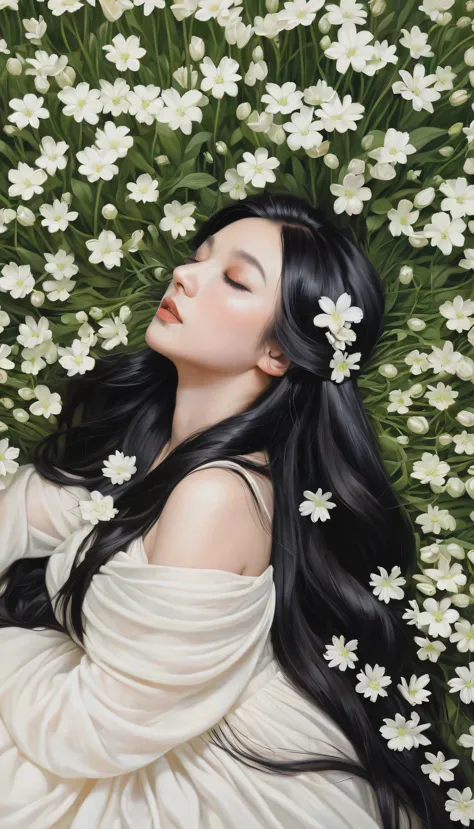 (oil painting:1.5), a woman with long black hair and white flowers in her hair is laying down in a field of white flowers, (amy ...