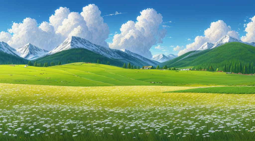 Pasture, sea of grass, gentle breeze, white clouds in blue sky, snow melt flowing from the mountains and enriching the fields, beautiful art UHD 4 K, beautiful artwork illustration, beautiful digital painting, highly detailed digital painting, beautiful digital art, detailed painting 4k, highly detailed digital painting, rich picturesque colors 4k, Gorgeous digital painting, gorgeous digital painting