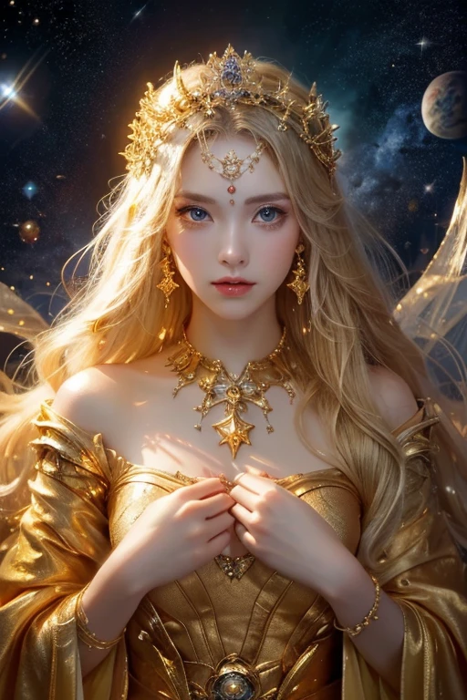 (masterpiece、Highest quality、High resolution、8K、16K)、((Alone in space、Beautiful Goddess、Standing posture、フローティング in the sky like a star))、(whole body)、Golden Cape、White long dress、No sleeve、Gold Bracelet、Blonde Hair、Beautiful brown eyes、Elegant and detailed face、Graceful operation、Right hand on chest、Professional Lighting、The universe is full of light、Countless stars and nebulae、