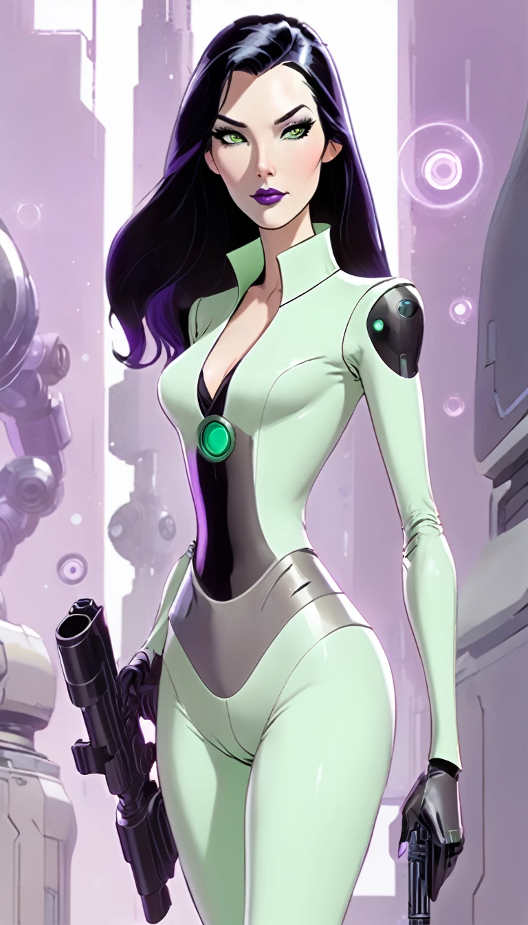 cartoon thin woman, long neck, long black hair, pale green skin, wearing a v-neck collar purple sci-fi body suit .. she is armed with an arm cannon, on her suit by her waist are some small gray circles 