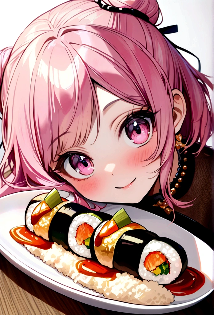 (((Luxuriöses goldenes teuerstes Sushi mit Reis und Soße))), Gebratener Reis mit Garnelen, wine, Foto, gute Qualität、((Meisterwerk))、(((最gute Qualität)))、((Super detailliert))、 {detaillierte und schöne Augen}, fein,  detaillierte und schöne Augen,1 Mädchen, (allein:1.5),  (Haarband:0.4), rosa Augen,filmische Winkel,Perspektive,(((Weißes Dutthaar))),(((Lange rosa Haare))),lächeln、