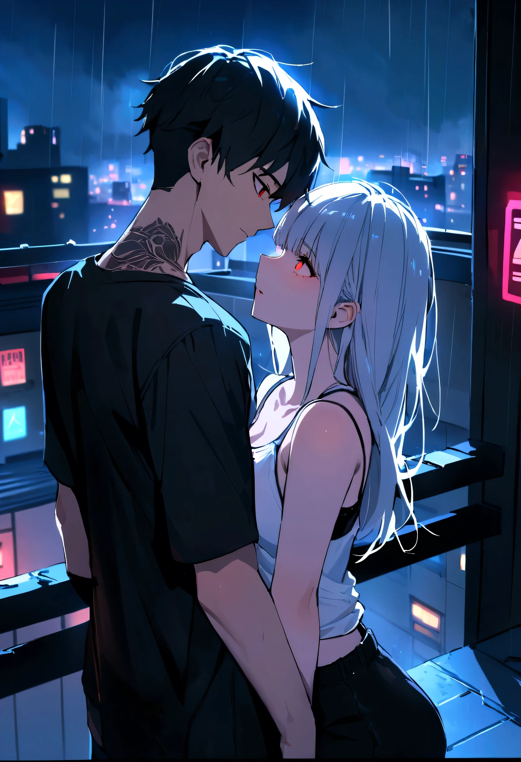 Anime couple kissing in the rain - SeaArt AI