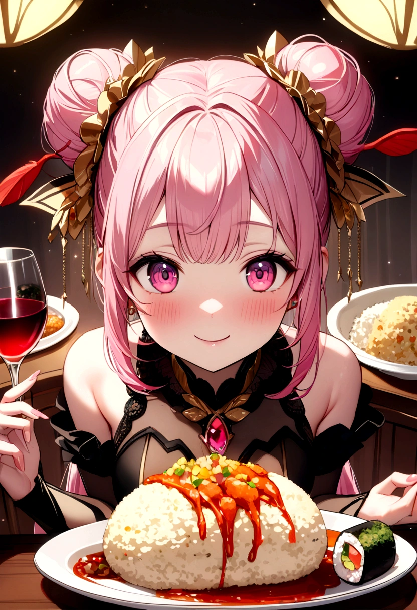 (((Luxurious golden most expensive sushi with rice and sauce))),((( Fried rice with shrimp))), wine, photograph, high quality、((masterpiece))、(((最high quality)))、((Super detailed))、 {Detailed and beautiful eyes}, finely,  Detailed and beautiful eyes,1 Girl, (alone:1.5),  (Hair Ribbon:0.4), Pink Eyes,Cinematic Angles,perspective,(((White bun hair))),(((Long pink hair))),smile、