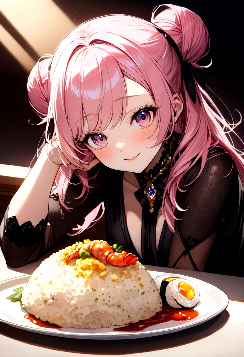 (((Luxurious golden most expensive sushi with rice and sauce))),((( Fried rice with shrimp))), wine, photograph, high quality、((masterpiece))、(((最high quality)))、((Super detailed))、 {Detailed and beautiful eyes}, finely,  Detailed and beautiful eyes,1 Girl, (alone:1.5),  (Hair Ribbon:0.4), Pink Eyes,Cinematic Angles,perspective,(((White bun hair))),(((Long pink hair))),smile、