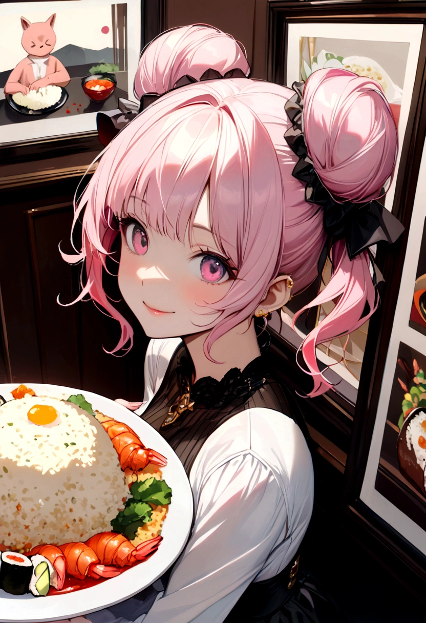 (((Luxurious golden most expensive sushi with rice and sauce))),((( Fried rice with shrimp))), wine, photograph, high quality、((masterpiece))、(((最high quality)))、((Super detailed))、 {Detailed and beautiful eyes}, finely,  Detailed and beautiful eyes,1 Girl, (alone:1.5),  (Hair Ribbon:0.4), Pink Eyes,Cinematic Angles,perspective,(((White bun hair))),(((Long pink hair))),smile、