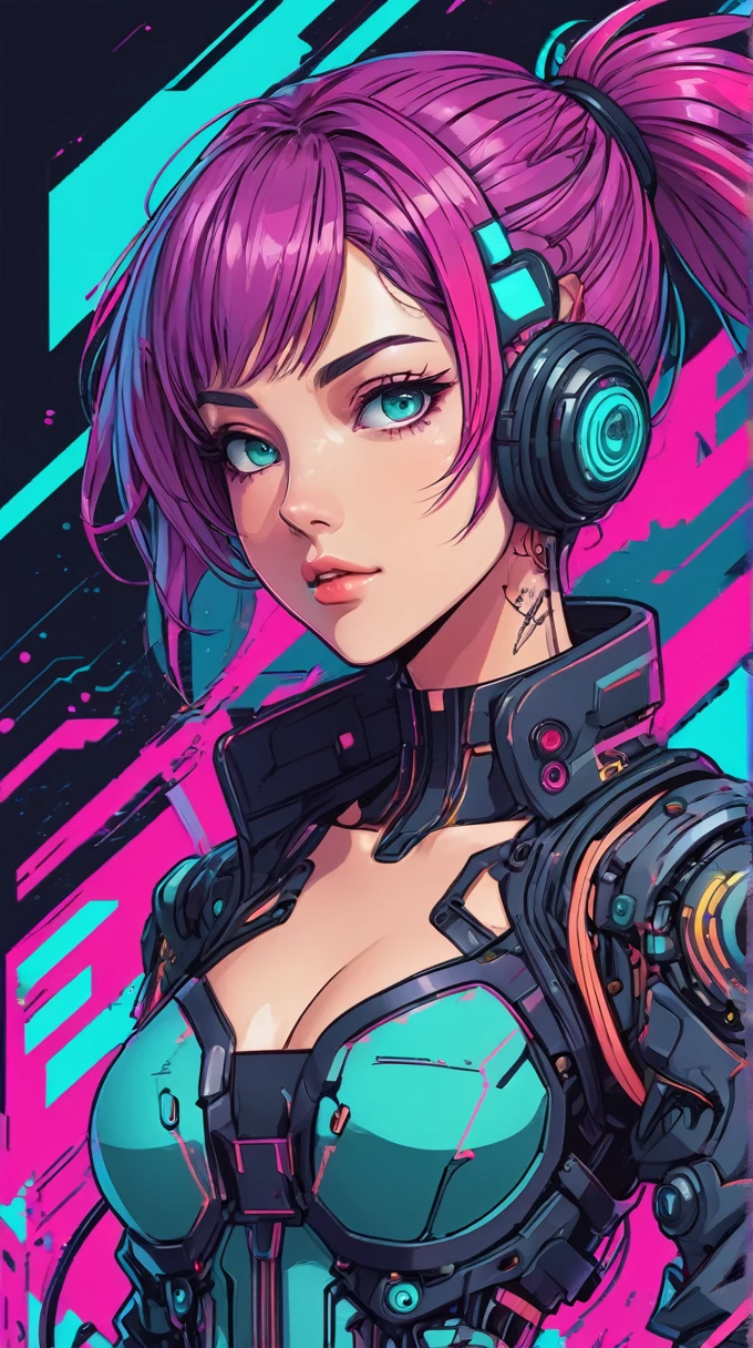 A charming cyberpunk anime girl, intricate ink line art, vibrant vector illustration, bold strokes, glitch art elements, flat color palette, dynamic key visual, technical schematics, minimalist linework, masterpiece