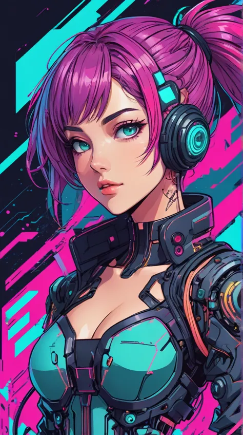 A charming cyberpunk anime girl, intricate ink line art, vibrant vector illustration, bold strokes, glitch art elements, flat co...
