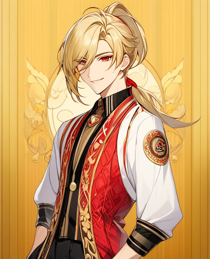  (Blonde_hair), (side_ponytail), (red_vibrant_eyes), (detailed_eyes), (warm_smile), (attractive), (background_lounge), (male), (detailed_Hair), (detailed), wears a 19's outfit