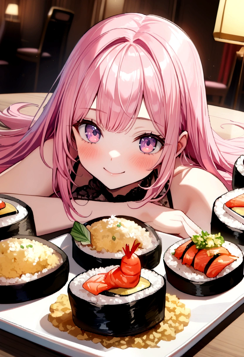 (((Luxurious golden most expensive sushi))),Fried rice with shrimp, wine, photograph, high quality、((masterpiece))、(((最high quality)))、((Super detailed))、 {Detailed and beautiful eyes}, finely,  Detailed and beautiful eyes,1 Girl, (alone:1.5),  (Hair Ribbon:0.4), Pink Eyes,Cinematic Angles,perspective,(((White bun hair))),(((Long pink hair))),smile、