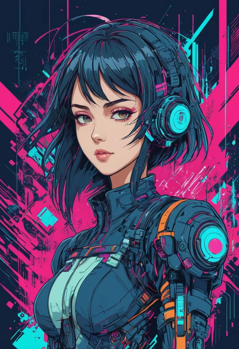 A charming cyberpunk anime girl, intricate ink line art, vibrant vector illustration, bold strokes, glitch art elements, flat color palette, dynamic key visual, technical schematics, minimalist linework, masterpiece