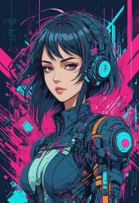 a charming cyberpunk anime girl, intricate ink line art, vibrant vector illustration, bold strokes, glitch art elements, flat co...