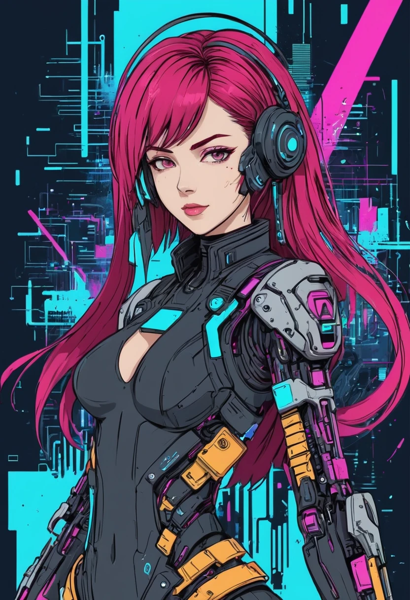 A charming cyberpunk anime girl, intricate ink line art, vibrant vector illustration, bold strokes, glitch art elements, flat color palette, dynamic key visual, technical schematics, minimalist linework, masterpiece