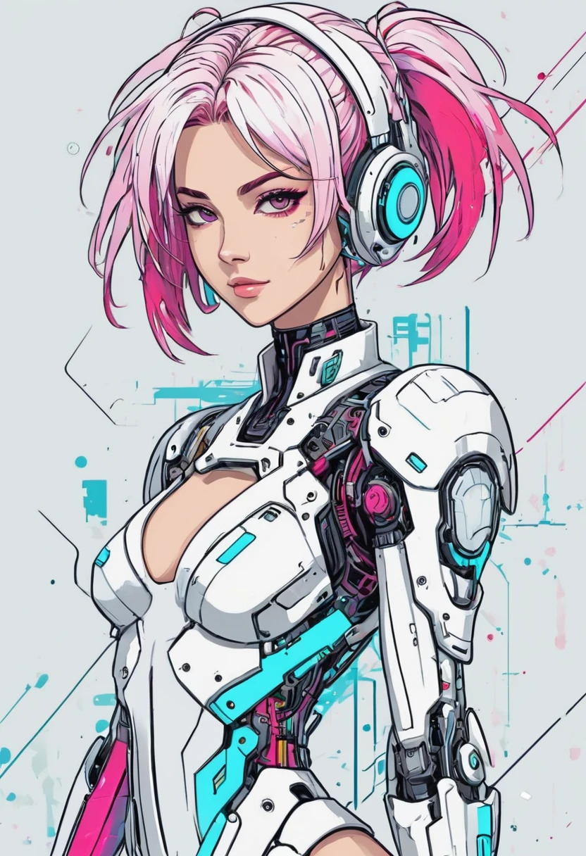 A charming cyberpunk anime girl, intricate ink line art, vibrant vector illustration, bold strokes, glitch art elements, flat color palette, dynamic key visual, technical schematics, minimalist linework, masterpiece