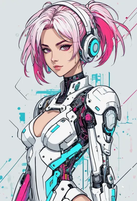 a charming cyberpunk anime girl, intricate ink line art, vibrant vector illustration, bold strokes, glitch art elements, flat co...