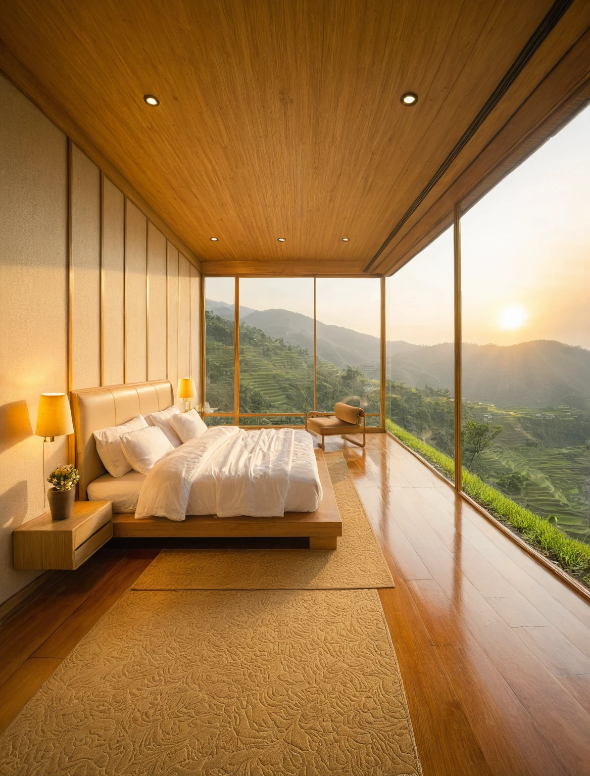 Raw photo,Masterpiece, high quality, best quality, authentic, super detail, interior, indoors, bedroom , view Mu Cang Chai's rice terraces  , sunset, day light, bed, lamp, carpet, bedside cabinets, flower vase, wooden floor ,glass windows, downlight, armchair , golden ripe rice, (terraces)