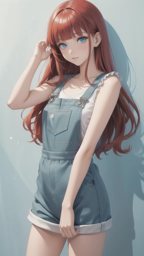 girl wearing a Aqua sundress, tight, simple anime style
Woman. Flower drawing on sequin overalls. Glossy white lips with sequins. Blunt bangs, red hair, long hair, blue eyes, solo,