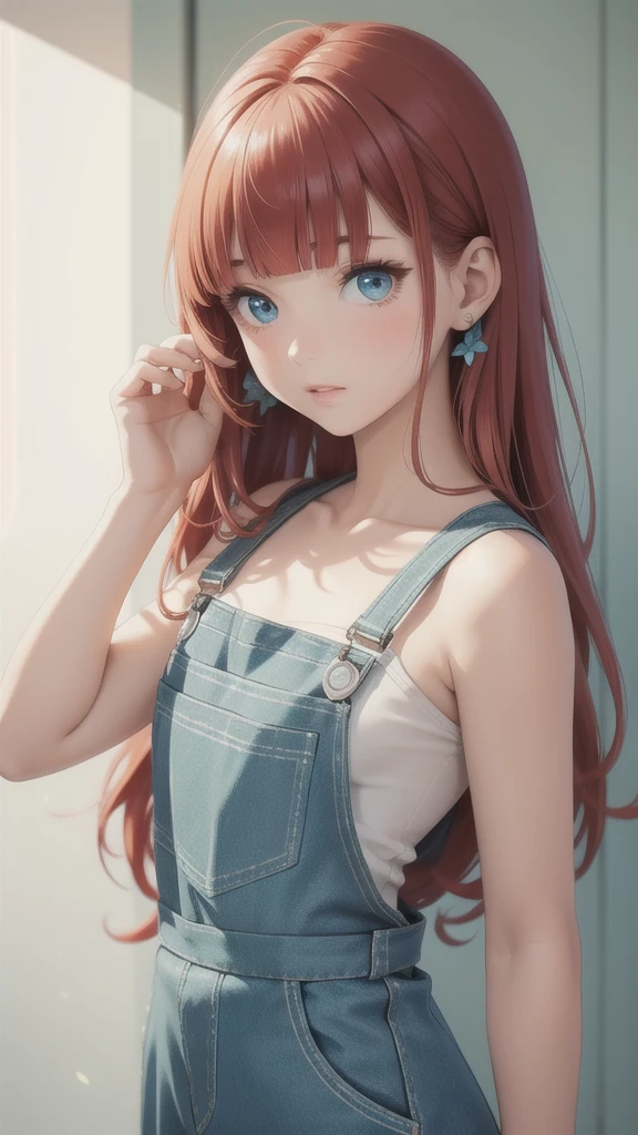 girl wearing a Aqua sundress, tight, simple anime style
Woman. Flower drawing on sequin overalls. Glossy white lips with sequins. Blunt bangs, red hair, long hair, blue eyes, solo,