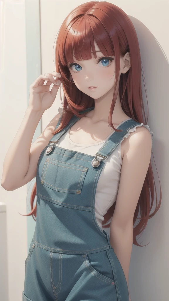 girl wearing a Aqua sundress, tight, simple anime style
Woman. Flower drawing on sequin overalls. Glossy white lips with sequins. Blunt bangs, red hair, long hair, blue eyes, solo,