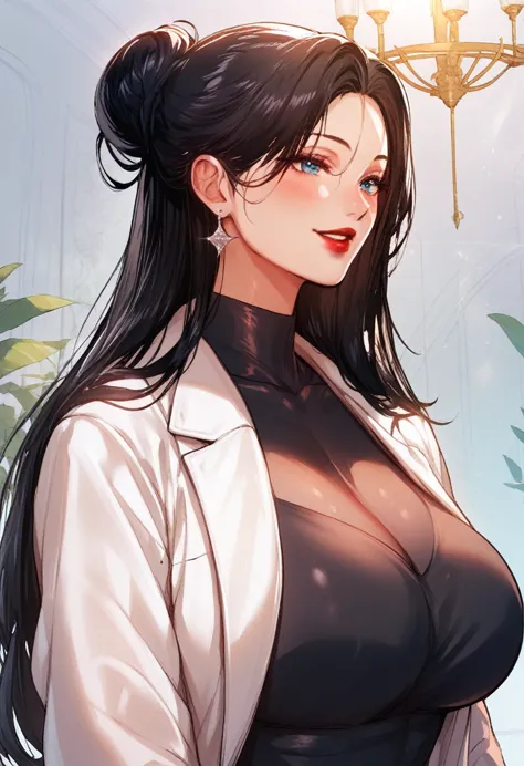 hot sexy beautiful one women ,   long silver chandelier earrings,big breasts, ,black hair ,  hair bun,blush,blue eyes, smiling,r...