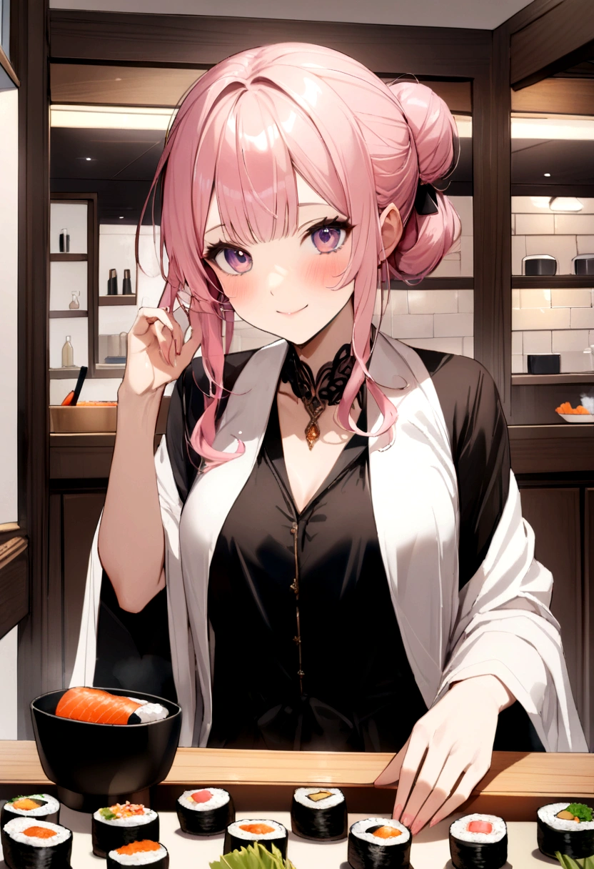 (((Luxurious and most luxurious nigiri sushi))),(((Sushi Shop)))、photograph, high quality、((masterpiece))、(((最high quality)))、((Super detailed))、 {Detailed and beautiful eyes}, finely,  Detailed and beautiful eyes,1 Girl, (alone:1.5),  (Hair Ribbon:0.4), Pink Eyes,Cinematic Angles,perspective,(((White bun hair))),(((Long pink hair))),smile、