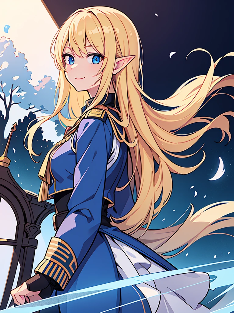 detailed illustration (side view),dynamic angle,ultra-detailed, illustration, pose for the camera, smiling at viewer, clean line art, shading, anime, 2020’s anime style, detailed eyes, detailed face, beautiful face,

Blonde hair, blue eyes, elf, elf woman, pale skin, WW2 German officer uniform, stern look