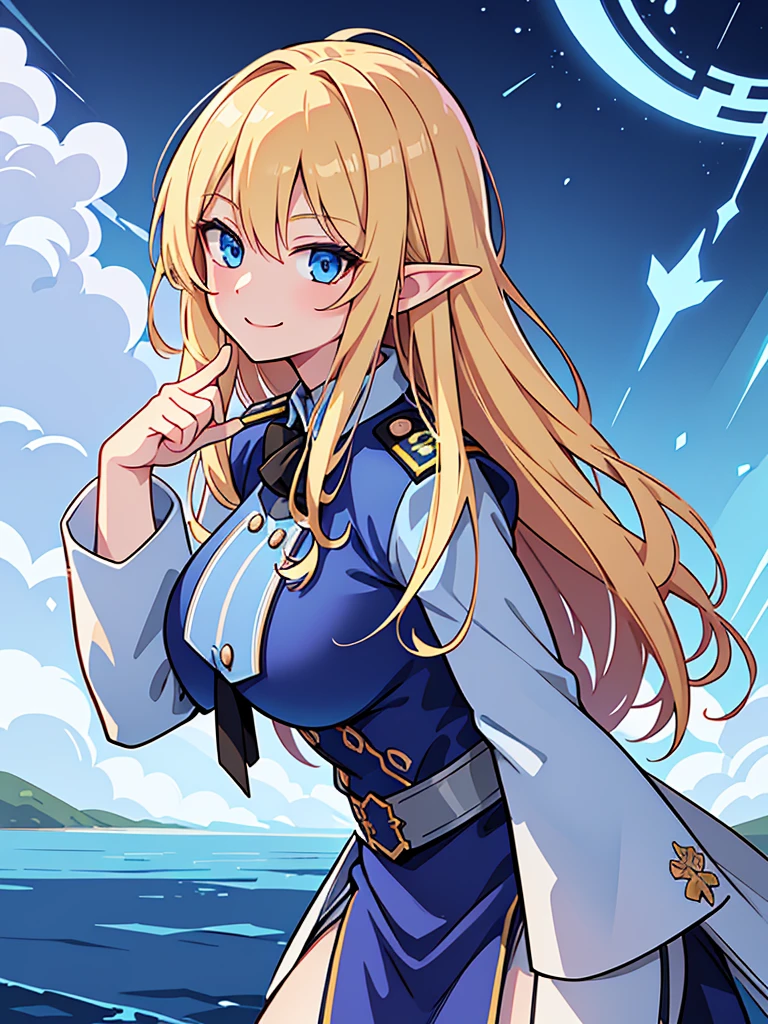 detailed illustration (side view),dynamic angle,ultra-detailed, illustration, pose for the camera, smiling at viewer, clean line art, shading, anime, 2020’s anime style, detailed eyes, detailed face, beautiful face,

Blonde hair, blue eyes, elf, elf woman, pale skin, WW2 German officer uniform, stern look