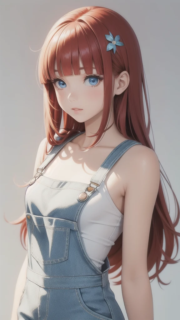 girl wearing a White sundress, tight, simple anime style
Woman. Flower drawing on sequin overalls. Glossy white lips with sequins. Blunt bangs, red hair, long hair, blue eyes, solo,