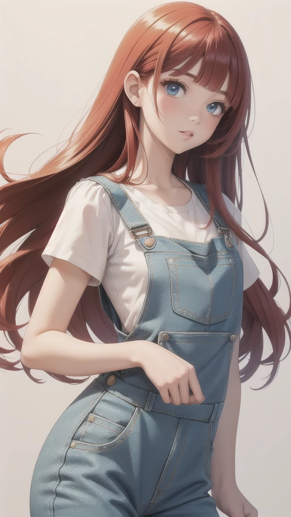 girl wearing a White sundress, tight, simple anime style
Woman. Flower drawing on sequin overalls. Glossy white lips with sequins. Blunt bangs, red hair, long hair, blue eyes, solo,