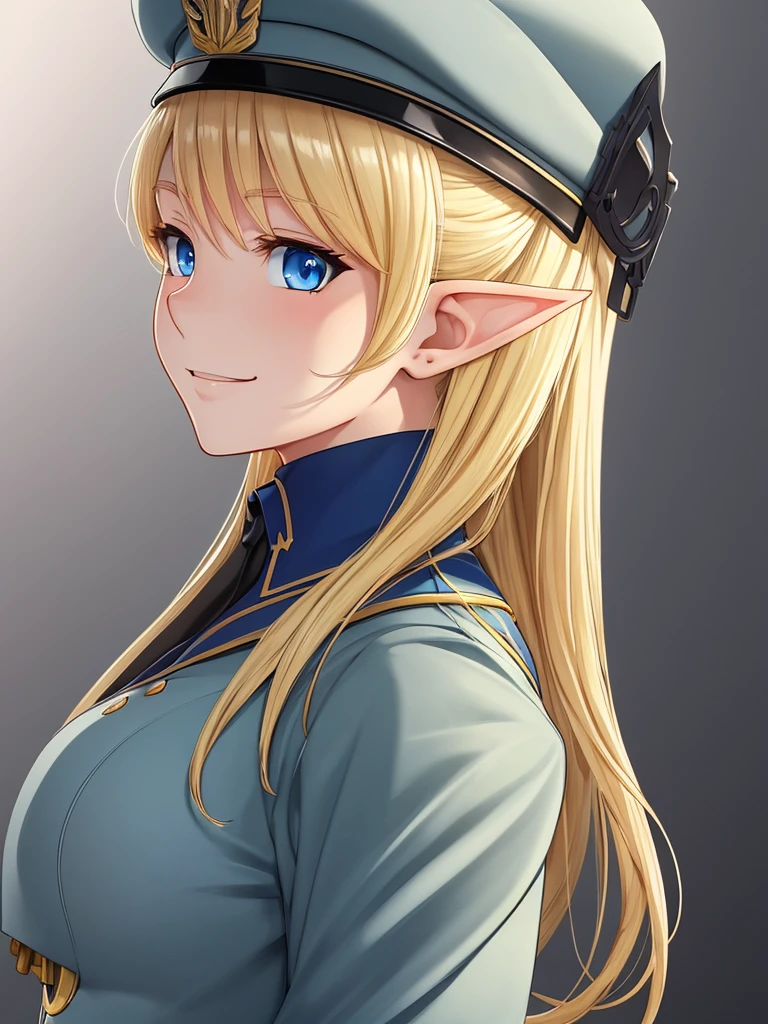 detailed illustration (side view),dynamic angle,ultra-detailed, illustration, pose for the camera, smiling at viewer, clean line art, shading, anime, 2020’s anime style, detailed eyes, detailed face, beautiful face,

Blonde hair, blue eyes, elf, elf woman, pale skin, WW2 German officer uniform, stern look