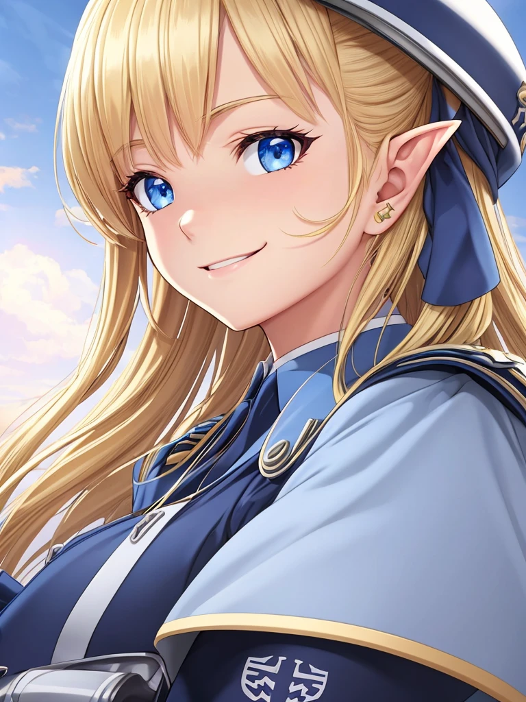 detailed illustration (side view),dynamic angle,ultra-detailed, illustration, pose for the camera, smiling at viewer, clean line art, shading, anime, 2020’s anime style, detailed eyes, detailed face, beautiful face,

Blonde hair, blue eyes, elf, elf woman, pale skin, WW2 German officer uniform, stern look,  uniform,