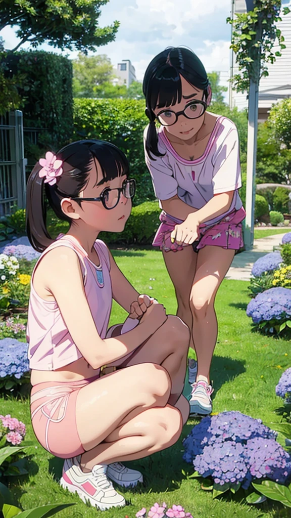 Squats and，，Droopy eyes，Baby Face，Round face，Big round eyes，Thick eyebrows，Droopy eyes，Short Pigtails，Blunt bangs，Black Hair，Glasses，Brown eyes，Residential Park，positive，Thin thighs，to you，A shy smile，Sunny day in the rainy season，Lots of hydrangeas，sneakers， Flower-like scent, Playing with cats，(panty shot:1),(Childish Temptation:1)