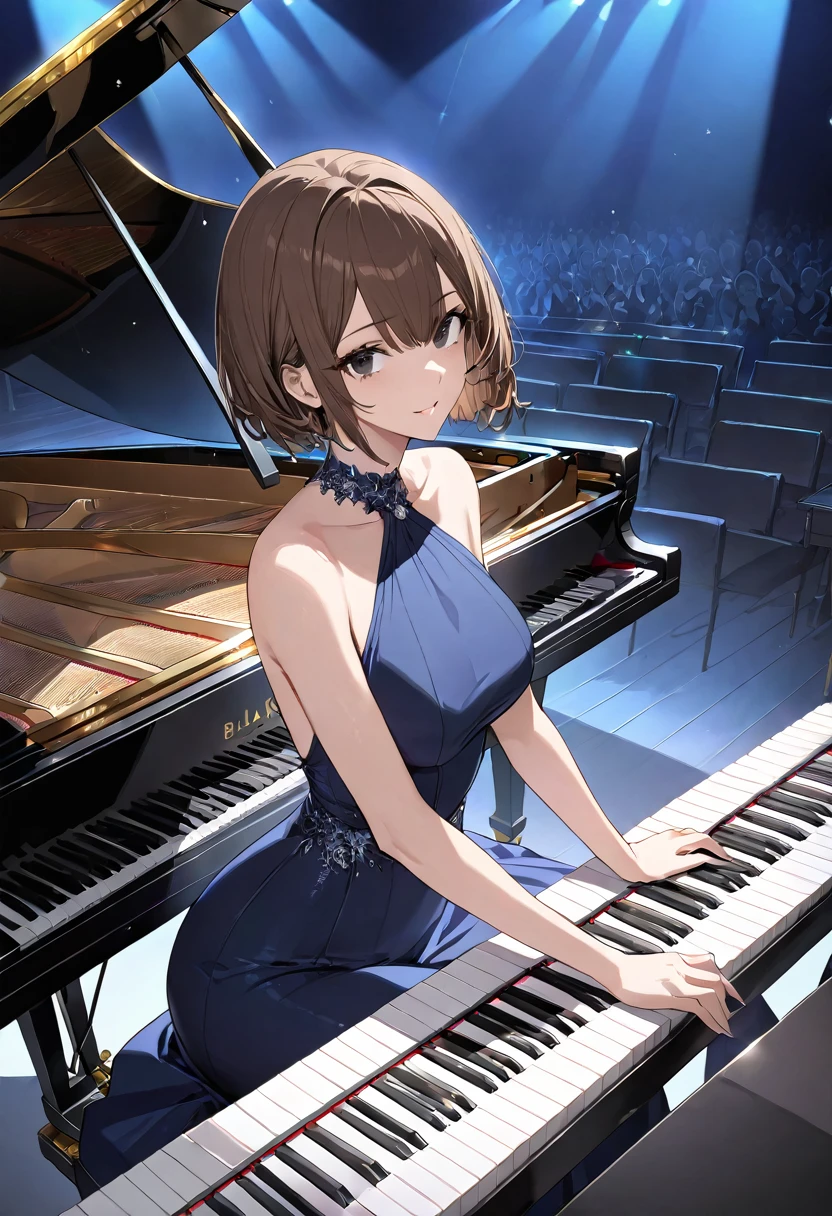 (masterpiece, Highest quality, High resolution, Super detailed, Highest quality), Detailed body, Detailed face,
Blake 1 Female, Tight waist, Brown short hair, Black Eyes Break Jazz Pianist, Maxi Dresses, Grand piano, (Piano performance:1.Place the piano:1.3), Dark blue lighting, Dark Stage, Sit at the keyboard, Piano performance中, Concert Hall, On stage