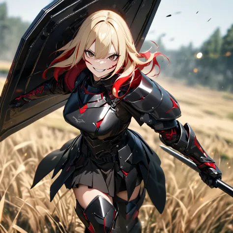 a woman in her 20s, wearing heavy black armor, black metal bracelet, black metal boots, with red details on the armor, short sho...